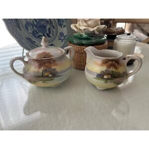 Antique Nippon Sugar & Creamer Set Hand Painted Floral Gold Grandmillennial‎